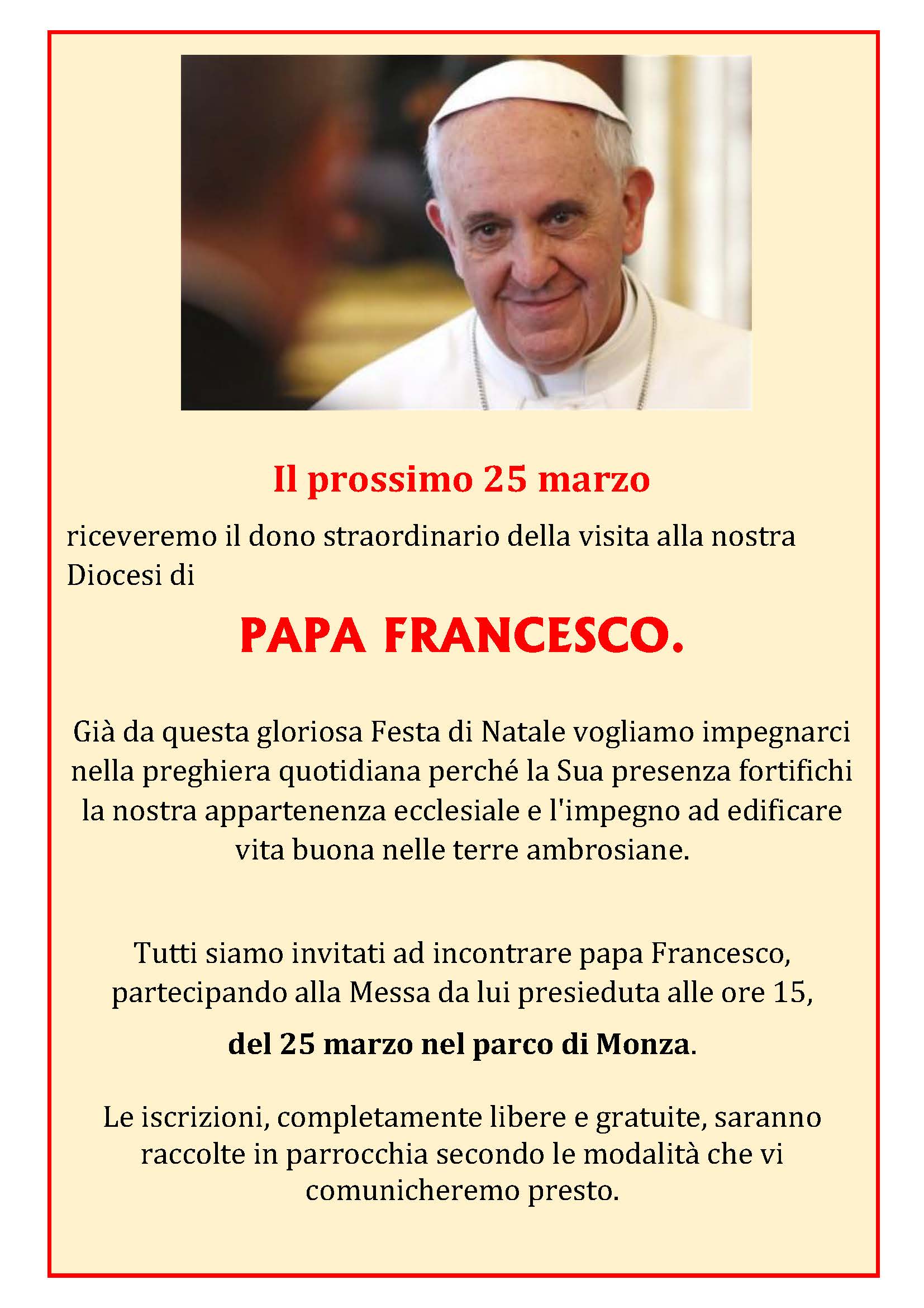Avviso Papa Francesco a Milano 2017